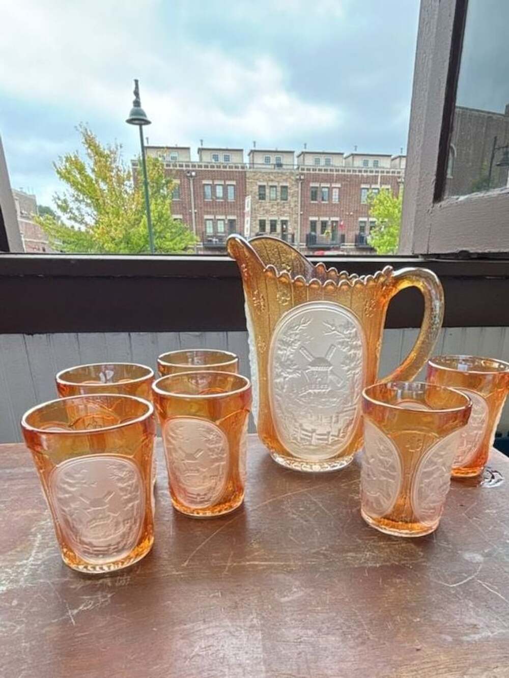 Vintage Imperial Glass Windmill Marigold Frosted Pitcher and 6 Glasses Water Set